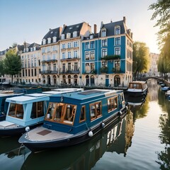Canal Houses and Boats at Sunrise, Ghent, Belgium