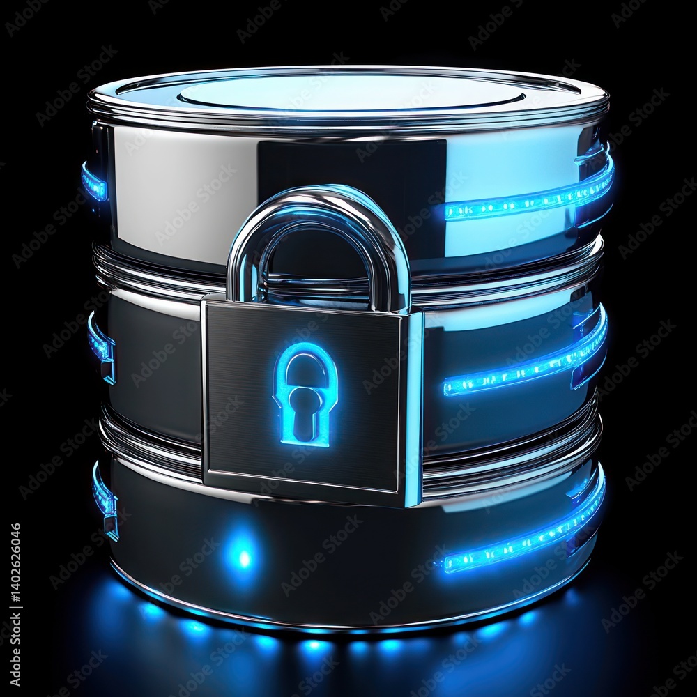Poster data storage protection with locked database icon for information privacy