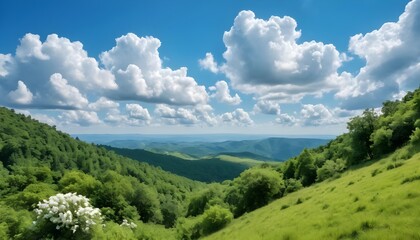 Naklejka premium Summer Mountain Landscape with Lush Green Hills and Fluffy Clouds