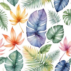 Fototapeta premium Watercolor Tropical Leaves Seamless Pattern
