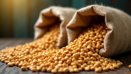 Two Burlap Sacks With Yellow Soybeans