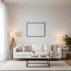 Naklejka premium Modern Minimalist Living Room Interior with White Sofa and Blank Frame
