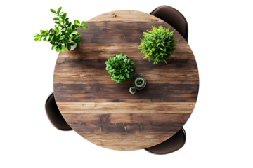 Wooden round table with two chairs and three plants, top view isolated on a transparent background