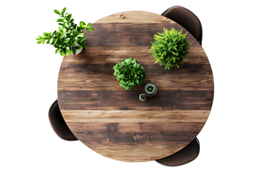Wooden round table with two chairs and three plants, top view isolated on a transparent background