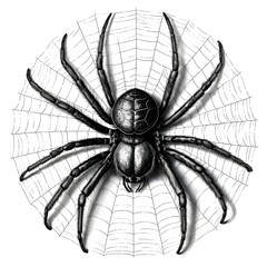 Obraz premium Giant Spider in Web - Black and White Illustration