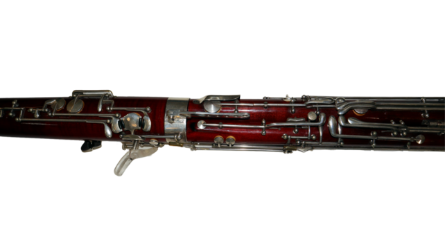 Beautifully crafted bassoon features a rich wood finish and silver keys, demonstrating the artistry of classical wind instruments in a clear isolation against a white backdrop.