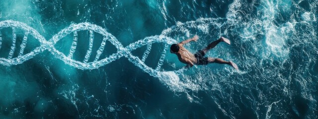 Swimming through DNA strands in clear ocean water reveals the beauty of human genetics and nature's design