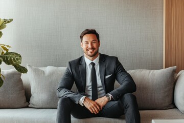 A handsome man in a suit is sitting on the sofa