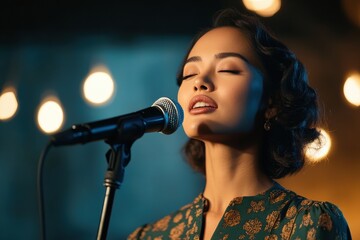 country music performance, a graceful asian woman country singer in a flowing dress, stands confidently in front of a microphone, emotively singing on a rustic wooden stage