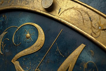 Naklejka premium A close-up of the numbers on an antique clock face, showing each number in gold with a dark blue background. 