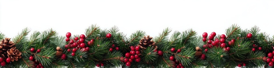 Christmas Pine Garland with Red Berries for Holiday Decoration Over White Background