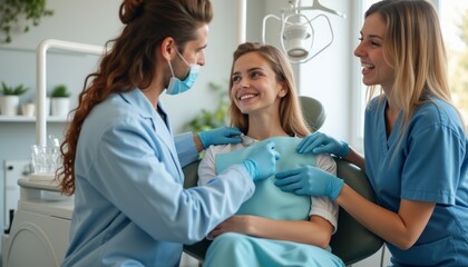 Fototapeta premium A cheerful dental team, consisting of a man and a woman, is attentively caring for a smiling female patient in a modern dental clinic. The warm atmosphere, highlighted by natural light and greenery