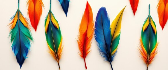 Vibrant feather pattern on neutral backdrop, ample copy space, plumage, nature