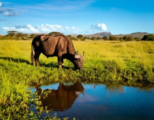 Fototapeta premium Un majestuoso Búfalo se arrodilla junto a una fuente de agua cristalina en la sabana. Bebe lentamente, con la mirada fija en el agua cristalina,