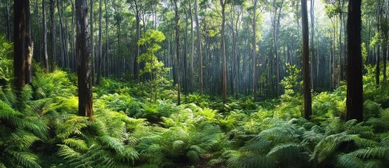 Lush Rainforest Landscape with Tall Trees and Ferns in Diffused Light