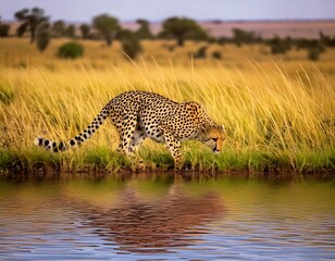Un majestuoso Guepardo se arrodilla junto a una fuente de agua cristalina en la sabana. Bebe lentamente, con la mirada fija en el agua cristalina,