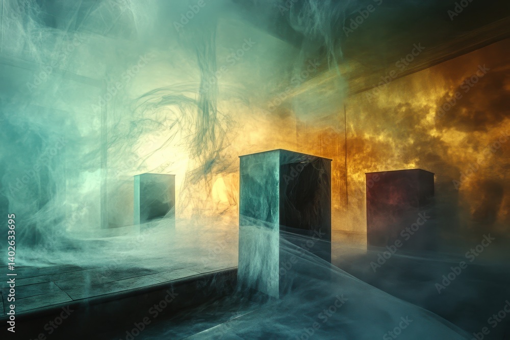 Poster ethereal light and fog envelop cubical structures in a surreal environment