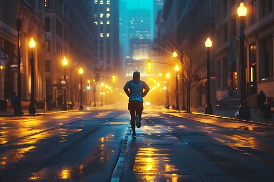 A jogger running through an empty city street