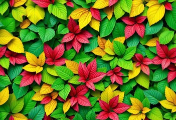 Vibrant green background with diverse leaves in seamless repeat, texture, pattern