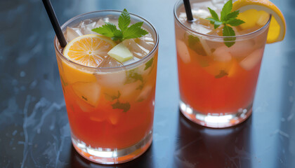 Two colorful beverages with citrus slices and herbs on a dark surface captured in soft lighting highlighting their freshness and vibrant summer appeal.
