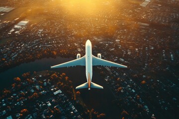 Aerial view of a white airplane flying over a city, an Airbus A320 with its engines visible in the sunset sky.