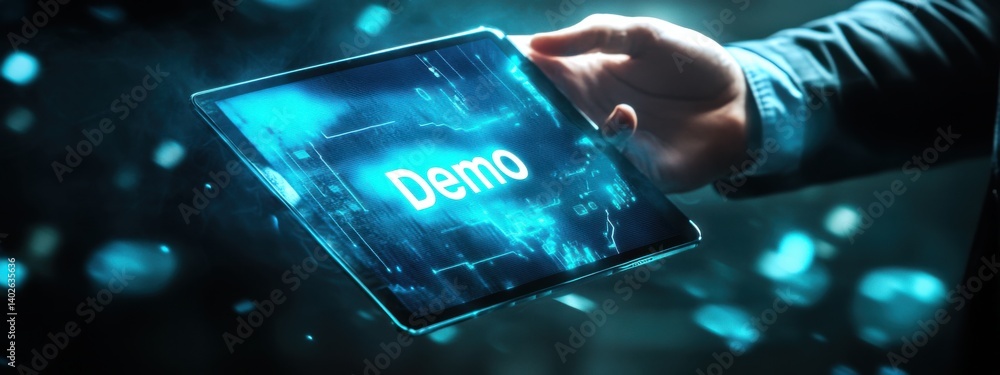 Poster hand holding a tablet displaying a digital demo in a modern, high-tech environment