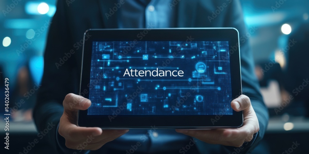 Poster digital tablet displaying attendance information in a modern meeting environment