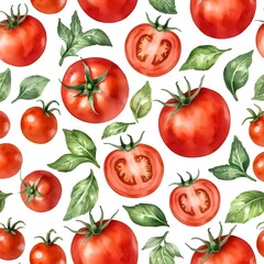 Watercolor Seamless Pattern of Tomatoes and Basil Leaves