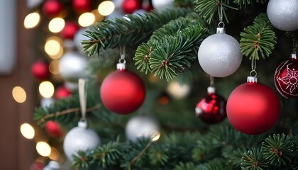 Fototapeta premium Red and Silver Christmas Ornaments on a Decorated Christmas Tree