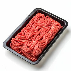 Fresh Raw Minced Meat on Tray Isolated on White