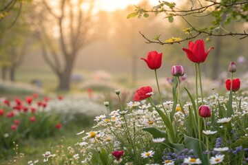 Obraz premium Beautiful field of red poppies blooming in the spring sun