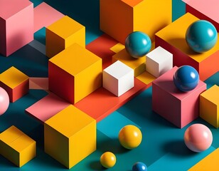 Obraz premium , along with a suggested categoryAbstract Geometric Composition with Colorful Cubes and Spheres