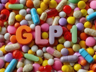 Assorted colorful pills and capsules with the letters GLP-1
