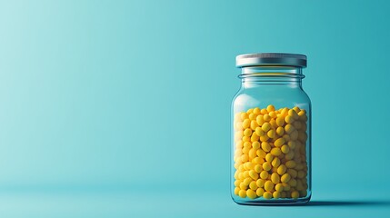 close-up of prescription bottle filled with yellow pills on a blue background ideal for showcasing pharmaceutical products and health-related concepts with room for informative text
