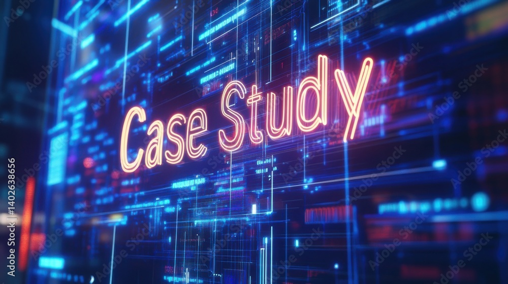 Poster digital representation of a case study in a futuristic setting with glowing neon elements and abstra