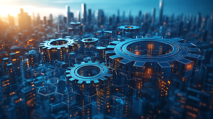 Industrial Progress: Gear & Skyline Animated PPT Template.Generative AI