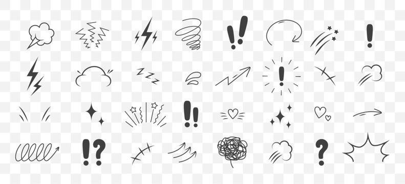 Anime Emotion effect. Doodle manga icons. Idea and exclamation symbol. Pop art clipart. Scribble vector illustration on transparent background.