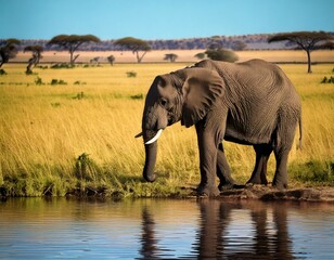 Fototapeta premium Un majestuoso Elefante se arrodilla junto a una fuente de agua cristalina en la sabana. Bebe lentamente, con la mirada fija en el agua cristalina,