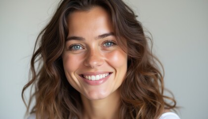 Naklejka premium A cheerful young woman with captivating blue eyes and flowing wavy hair beams with a genuine smile against a soft, neutral background. Her joyful expression radiates warmth and positivity, inviting