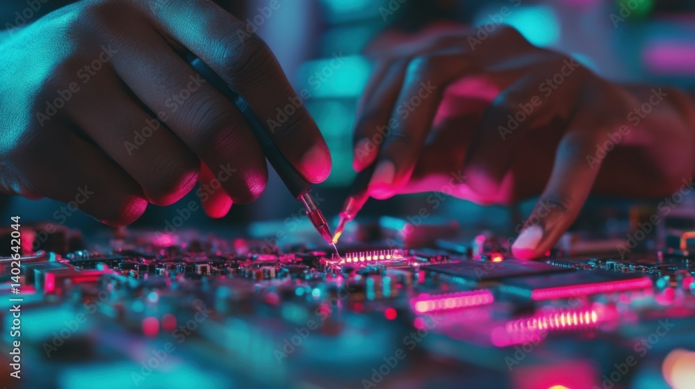Poster a focused image of hands meticulously assembling a prototype using a soldering iron with bright led 