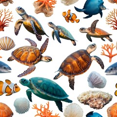 Fototapeta premium Colorful Sea Turtles and Clownfish Seamless Pattern