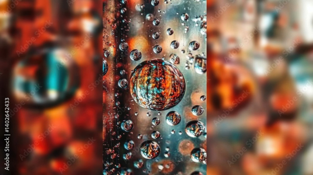 Poster a macro shot of colorful oil droplets floating on water, creating abstract patterns of blues, pinks,