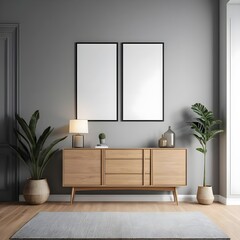 Modern Living Room Interior with Wooden Sideboard and Blank Frames