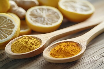 Turmeric and saffron in wooden spoons