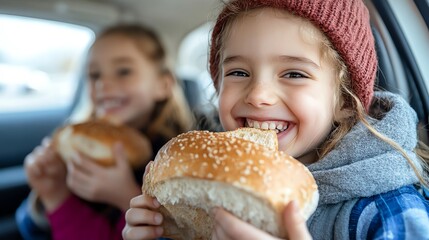 Two joyful girls happily eating bread rolls in a car during a road trip.  Perfect for family travel and food blogs