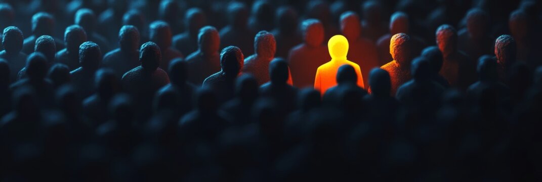Bright individual in dark crowd identity and uniqueness concept leader shining differently simple background modern abstract illustration for business and marketing 
