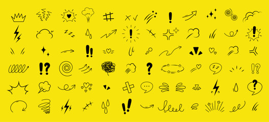 Anime Emotion effect collection. Doodle manga big set. Character emotion symbols. Vector illustration on yellow background.