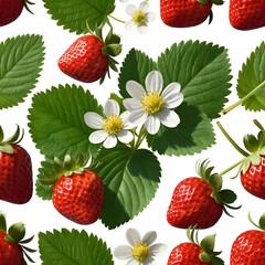 Fresh Strawberries with Blossoms and Leaves