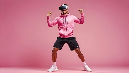 Obraz premium Man in Pink Hoodie Using VR Headset for Fitness