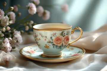 Fototapeta premium Vintage Porcelain Teacup and Saucer Set with Floral Patterns in Rococo Style